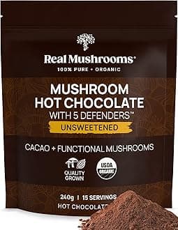 Real Mushrooms Unsweetened Hot Chocolate Mix with 5 Defenders – Reishi, Chaga, Turkey Tail, Maitake, Shiitake – Coco Powdered Unsweetened – Organic Cacao Powder Supplement, Vegan, 15 Servings