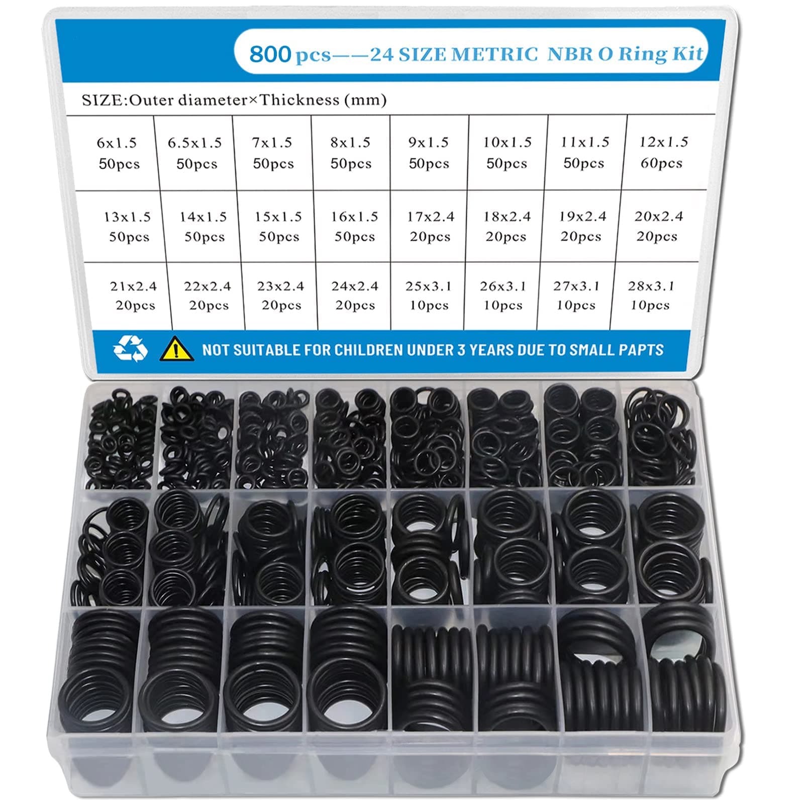 Excefore Rubber O Ring Set, 24 Size 800 PCS Black Small O Rings Assortment Kits, Assorted Metric Sealing Washer for Automotive Faucet Pressure Plumbing Sealing Repair, Air or Gas Connections and Heat