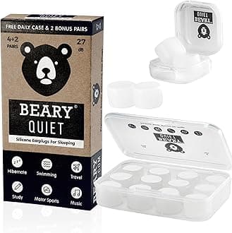 Beary Quiet Ear Plugs for Sleeping, 27dB Noice Cancelling, Reusebale, Comfortable and Customisable Earplugs for Sleep, Travel, Studying, Swimming, Moldable Waterproof Silicon Wax Plug