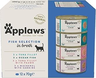 Natural Wet Cat Food, Multipack Fish Selection in Broth 70 g Tin (Pack of 12)