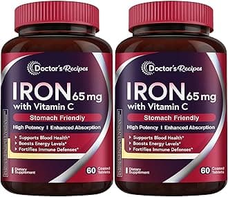 Iron Supplement 65 mg with Vitamin C - Maximized Absorption & Stomach Friendly Iron Pills for Red Blood Cells Formation, Heart, Brain & Immunity Health - Vegan 120 Iron Tabs (2 Pack)