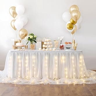 leegleri White Tulle Table Skirt, 6FT Rectangle, LED Light, Wedding & Baby Shower