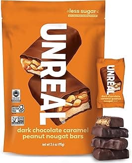 UNREAL Dark Chocolate Caramel Peanut Nougat Bars (1 Bag), 70% Organic Ingredients, Fair Trade, Non-GMO, No Corn Syrup, Sugar Alcohols, Soy, 3.4oz