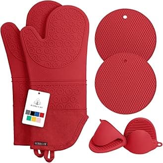 Rorecay Extra Long Oven Mitts and Pot Holders Sets: Heat Resistant Silicone Oven Mittens with Mini Oven Gloves and Hot Pads Potholders for Kitchen Baking Cooking, Quilted Liner, Red, Pack of 6