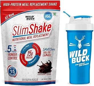 WILD BUCK SlimShake Meal Replacement Shake, High Protein Weight Loss & Lean Meal Shake, Low Carb Protein Blend, Rich in 12 Vitamins & 10 Minerals, Weight Control & Management Protein Shake 15g Protein, 4.1g Dietary Fiber & Digestive Enzymes | Fat Burning Meal Replacement Shake for Men and Women [Chocolate Cream, 500g] Free Shaker
