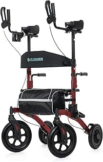 ELENKER All-Terrain Upright Rollator Walker, Stand up Rolling Walker with Seat, 12” Non-Pneumatic Tire Wheels, Compact Folding Design for Seniors, Red