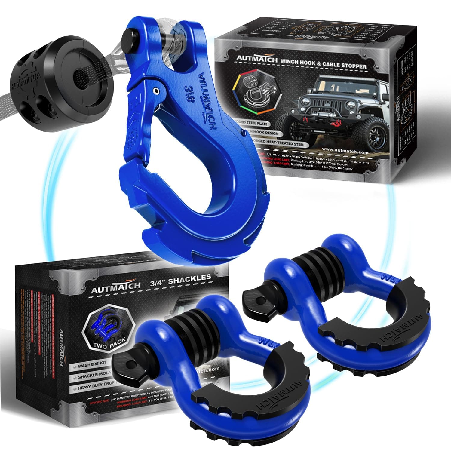 AUTMATCH 3/8" Winch Hook with Winch Cable Hook Stopper, 3/4" D Ring Shackles - Grade 70 Forged Steel Clevis Slip Hook Work for Winch Rope, ATV, UTV, Off Road Vehicle, Blue