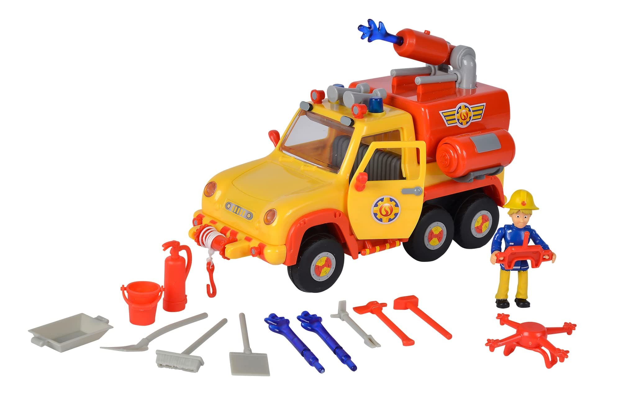 109251094 Fireman Sam Venus 2.0 Fire Engine with Figure, Original Sound, Blue Light, Arrow Shot Function, Doors for Opening, Penny Toy Figure, Lots of Accessories, 19 cm, from 3 Years