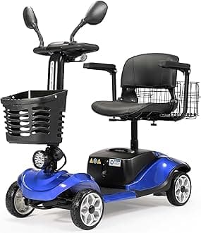 Compact 4 Wheel Mobility Scooter with Display, Foldable Electric Scooter for Seniors and Adults, Heavy Duty Travel Model with Lights, Basket, and Long-Lasting Extended (Blue-with Rear Basket)