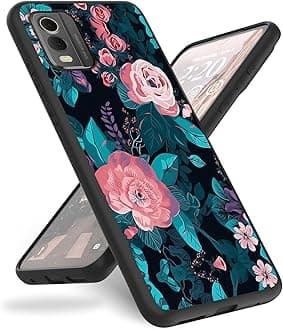Case for Nokia C32 Phone Case 6.5",Slim Anti-Scratch Shockproof Durable Black Silicone Protective Cover Case for Nokia C32 2023,Pink Flowers