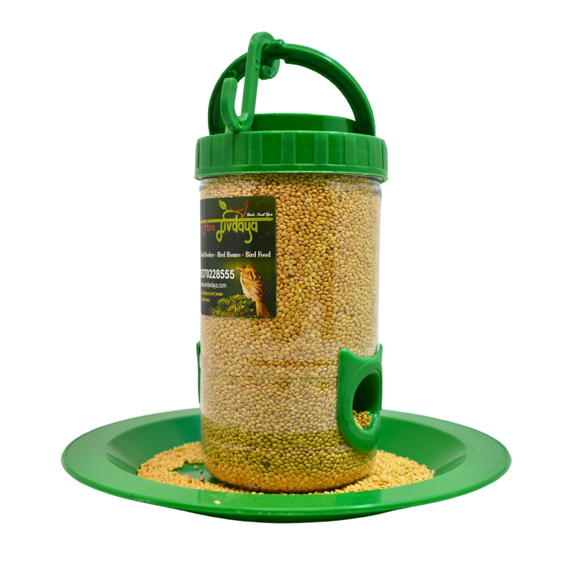Plastic Bird Feeder with Holding Handle with 2 Feed Nozzles - Heavy Duty Hanging Bird Food Feeder for Balcony, Outdoor, 500 Grams Capacity (Small, Green)