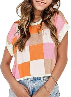 Girls Spring Crop Tops 2026 Summer Sweaters Cute Cap Sleeve Colorblock Loose Teen Top School Picture Outfits