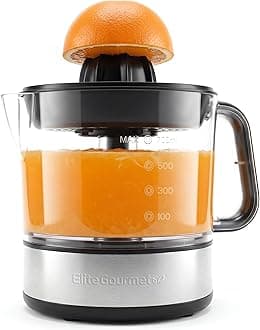 Elite Gourmet ETS623 Electric Citrus Juicer BPA Free Compact Large Volume Pulp Control Oranges Lemons Limes Grapefruit with Easy Pour Spout, 24oz, Black/Steel
