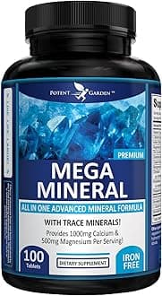 Mega Mineral Supplement Complete Mineral Complex with Calcium Magnesium Zinc Potassium Boron Selenium Chromium & 72 Trace Minerals Iron Free Calcium Supplement -100 Pills
