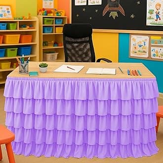Purple Table Skirt Tutu Ruffled Tablecloth for Classroom Teacher Desk Skirt Back to School Supplies for Princess Girls Birthday Party Cake Dessert Decorations, 6FT