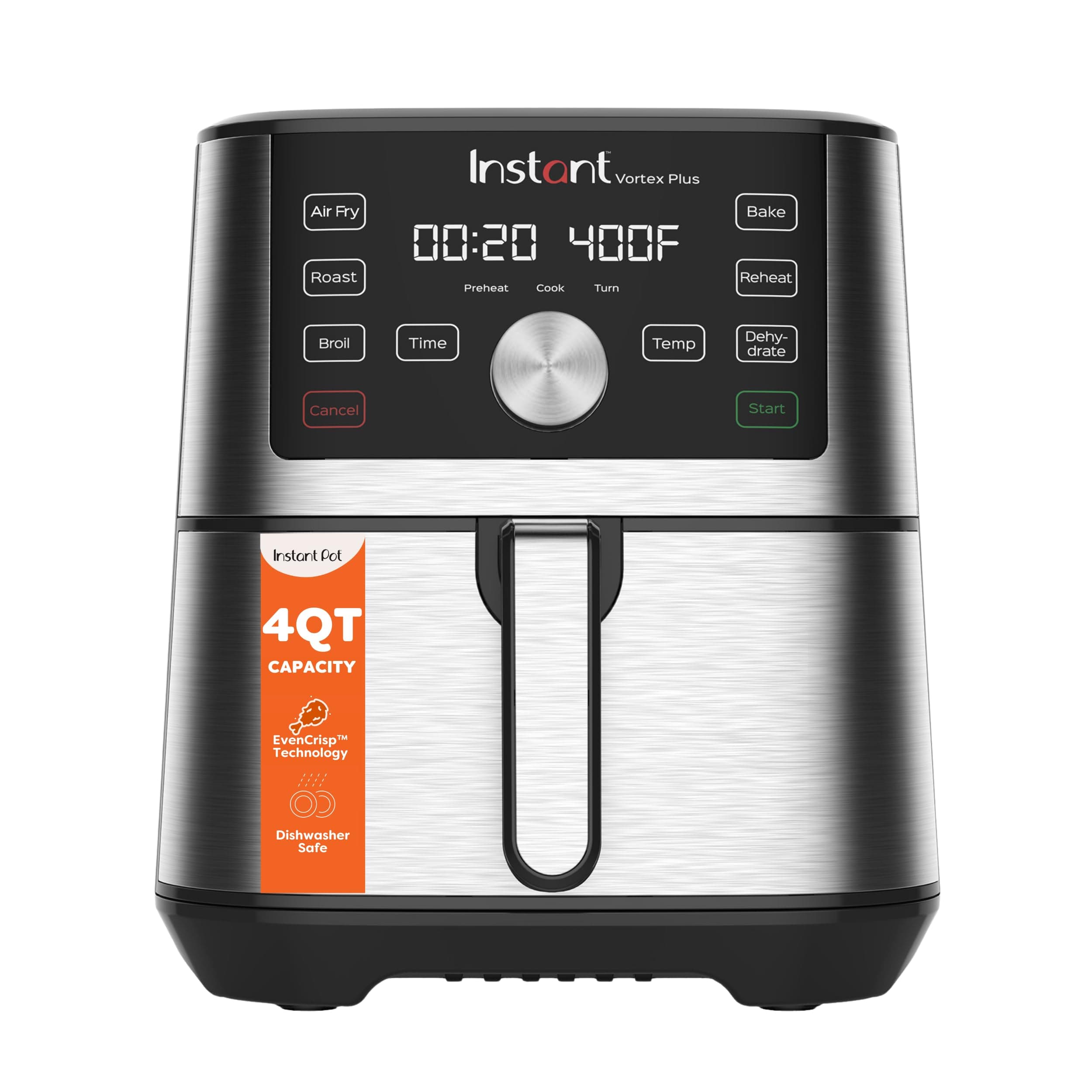 4QT Vortex Plus 6-in-1 Mini Air Fryer, Custom Program Options, Crisps, Broils, Roasts, Dehydrates, Bakes, Reheats, 100+ In-App Recipes, Stainless Steel,4 Quarts