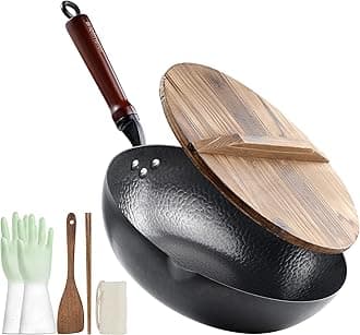 BIELMEIER Wok Pan 12.5", Stir Fry Pan with Lid, Gloves & Cookware Accessories, Carbon Steel, Suitable for All Stoves (Flat Bottom)