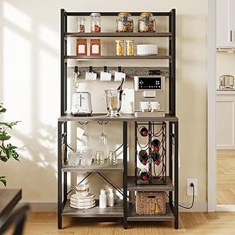YITAHOME 6-Tier Bakers Rack with Power Outlets, Microwave Oven Stand, Coffee Bar Station with Wine Glass Holder, Kitchen Utility Storage Shelf with Hooks for Kitchen, Dining Room, Gray