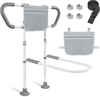 Bed Rails for Elderly Adults Safety: Adjustable Bedside Assist Rails with Storage Pockets, Non-Slip Handles, Sensor Night Light, 400LB Gravity Capacity