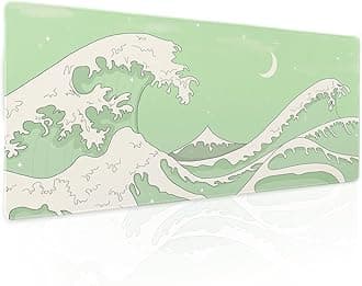 Matcha Green White Japanese Anime Gaming Mouse Pad XL Cute Kawaii Sage Aesthetic Wave Extended Large Desk Mat Non-Slip Rubber Base Stitched Edge Keyboard Mousepad for PC Office Laptop,31.5×11.8 in