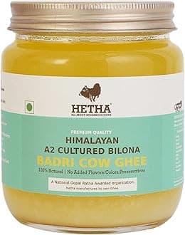 Hetha Organics Himalayan Pahadi/Badri Desi Cow Bilona A2 Cultured Ghee Made In Brass Utensil (Peetal Kadhai) Single Origin – 500ml