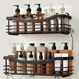 Adhesive Shower Caddy Shelf with 5 Hooks Organizer Storage Rack Rustproof Wall Mounted Stainless Steel No Drilling for Bathroom, Toilet, Kitchen - 2 Pack,Black