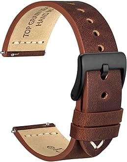 WOCCI 20mm Old-fashioned Watch Band for Men, Top Grain Leather, Black Matte Buckle (Pecan Brown)