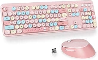 Guffercty kred GTSP Typewriter Colorful Wireless Keyboard and Mouse Combo, 2.4GHz Full-Size Retro Cute Office Computer Keyboard with Round Keycaps for Desktop Laptop and PC (Colorful Pink)