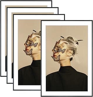 13x19 Picture Frame Set of 4, Matted Black Modern Aluminum Metal Photo Frame, Fits 11x17 with Mat or 13 x 19 without Mat, Vertical and Horizontal Wall Mounting