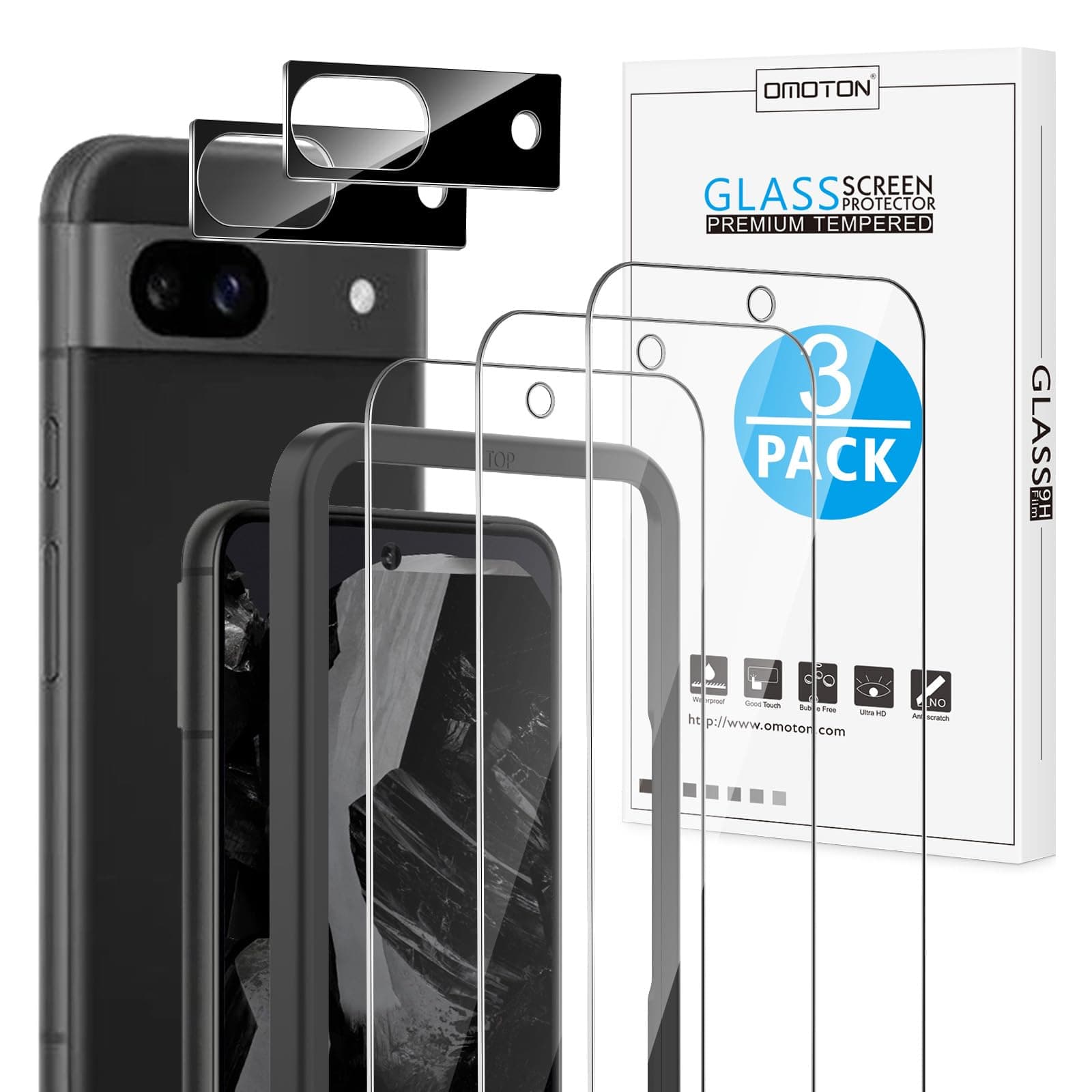3+2 Pack for Google Pixel 8a Screen Protector, 3 Pack Tempered Glass Screen Protector with 2 Pack Camera Lens Protector for Pixel 8A 2024 Released 6.1 inches, Case Friendly/9H Hardness