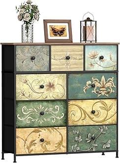 Tohomeor Dresser with Drawers for Bedroom Chest of Drawers Fabric Dresser for Closet,Nursery Entryway Hall Tree TV Stand for Living Room Retro Floral Pattern Drawers Wooden Top (9 Drawers)