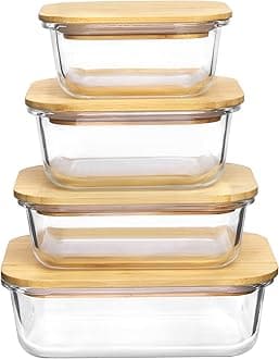 VtopmartGlass Food Storage Containers with Bamboo Lids, 4 Pack Meal Prep Glass Containers Safe for Microwave, Oven, Freezer and Dishwasher, BPA Free