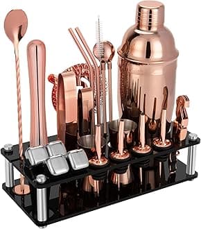 23 Piece Cocktail Shaker Set Bartender Kit with Acrylic Stand & Cocktail Recipes Booklet, Professional Bar Tools for Drink Mixing, Home, Bar, Party (Include 4 Whiskey Stones) - Gold Rose