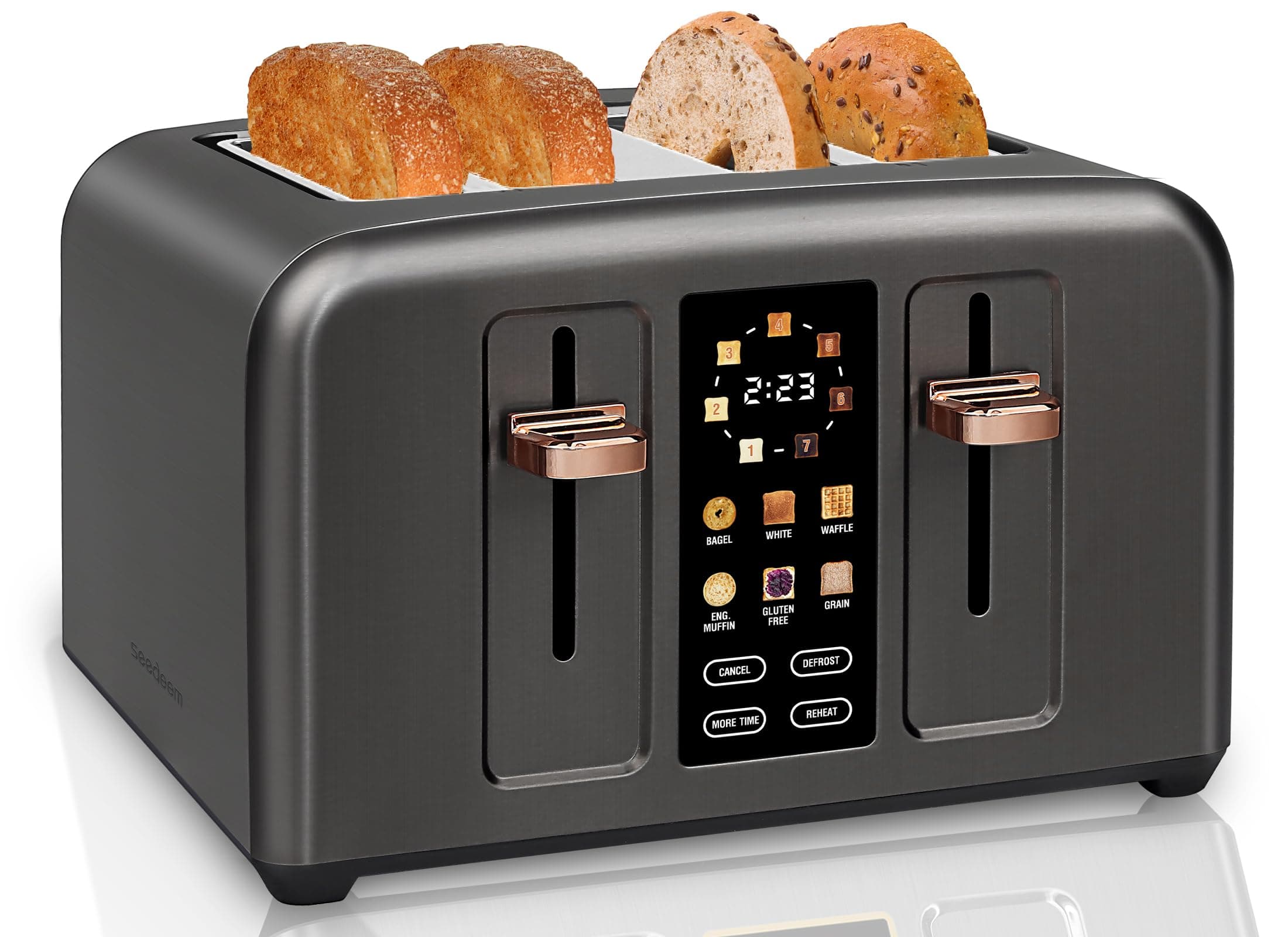 Toaster 4 Slice, Full Touch control Toaster, LCD Display, 6 Bread Type, 7 Shade Settings, 1.4''Wide Slots，More Time Function, Removable Crumb Tray, 1800W, Dark Metallic