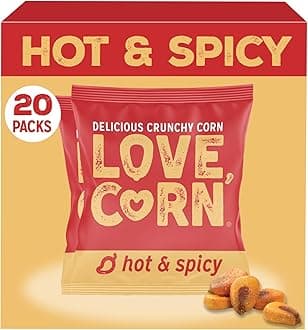 LOVE CORN Hot & Spicy | Delicious Crunchy Corn Snacks | .07oz x 20 Gluten Free, Vegan Bags | Convenient for Lunch Boxes, Commuting & Office Snacks