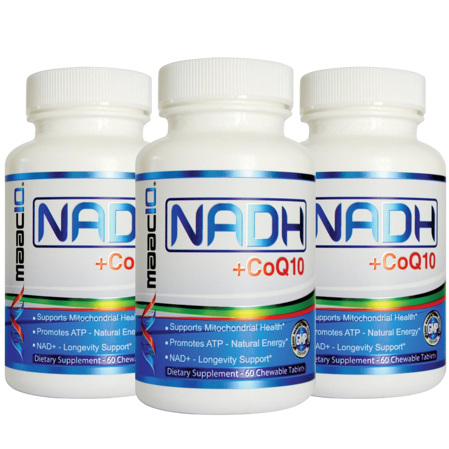 NADH + CoQ10 Chewable Tablets (3-Pack - 180 Tablets) | 50mg PANMOL® NADH + 100mg CoQ10 Supports Fatigue, Energy and NAD+, Non-GMO, Gluten Free, Vegetarian (3 Month Supply)