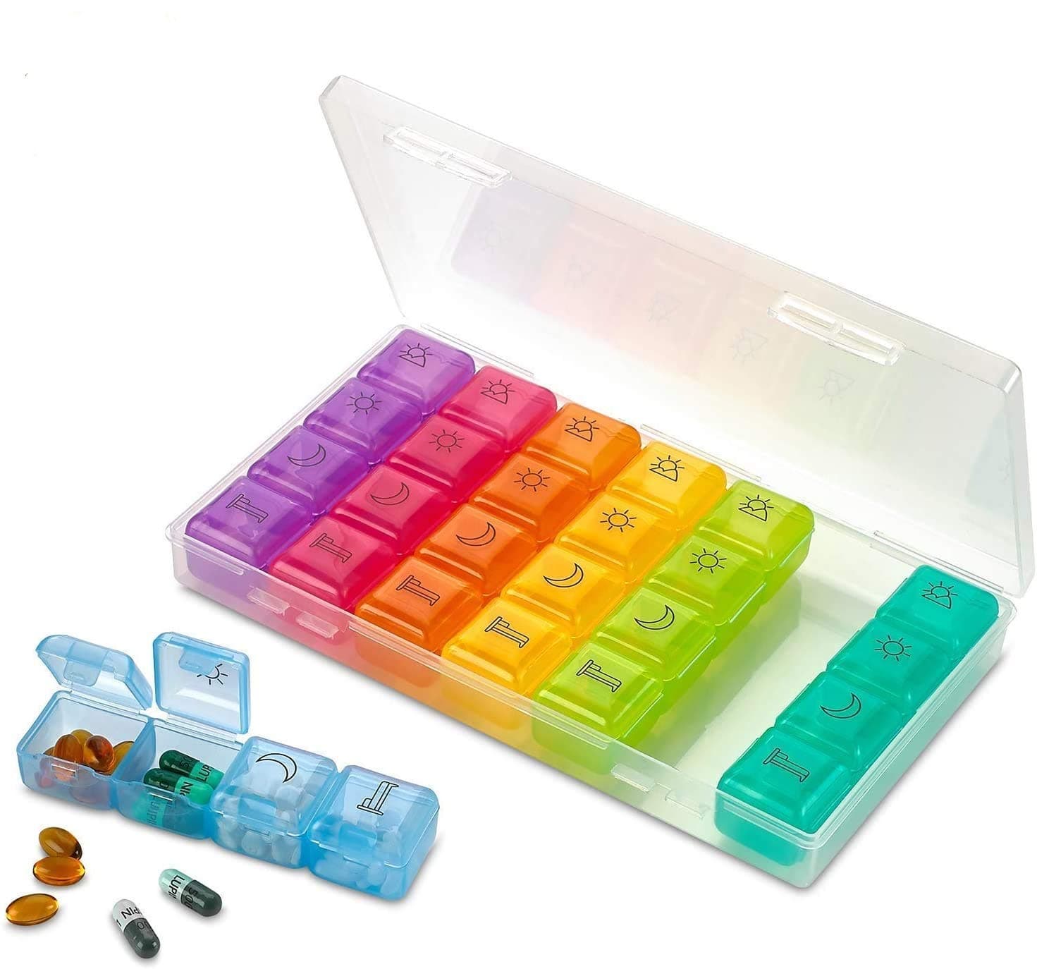 Weekly Pill Organizer - 4 Compartment Am/pm Pill Box, 7 Day Large Travel Medication Dispenser Case for Vitamins and Medicines