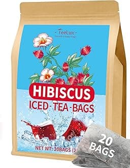 Hibiscus Iced Tea, Family Sized Hibiscus Tea Bags, Natural Hibiscus Flowers Herbal Tea, Refreshing Tart Flavor, Caffeine Free, 20 Count
