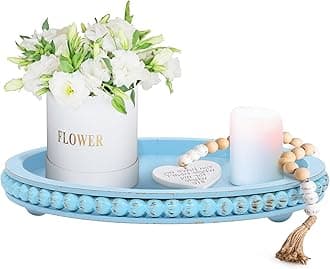 HPC Decor 12in Round Blue Wood Beaded Tray - Decorative Living Room, Coffee Table, Kitchen Table, Dining Room or Farmhouse Serving Tray