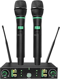 RiworalWireless Microphone System Dual Handheld Dynamic Mics Set 2x100 Adjustable UHF Channels Auto Scan,Long Distance 328ft with Receiver for Karaoke,Support PA System Home Theater Karaoke