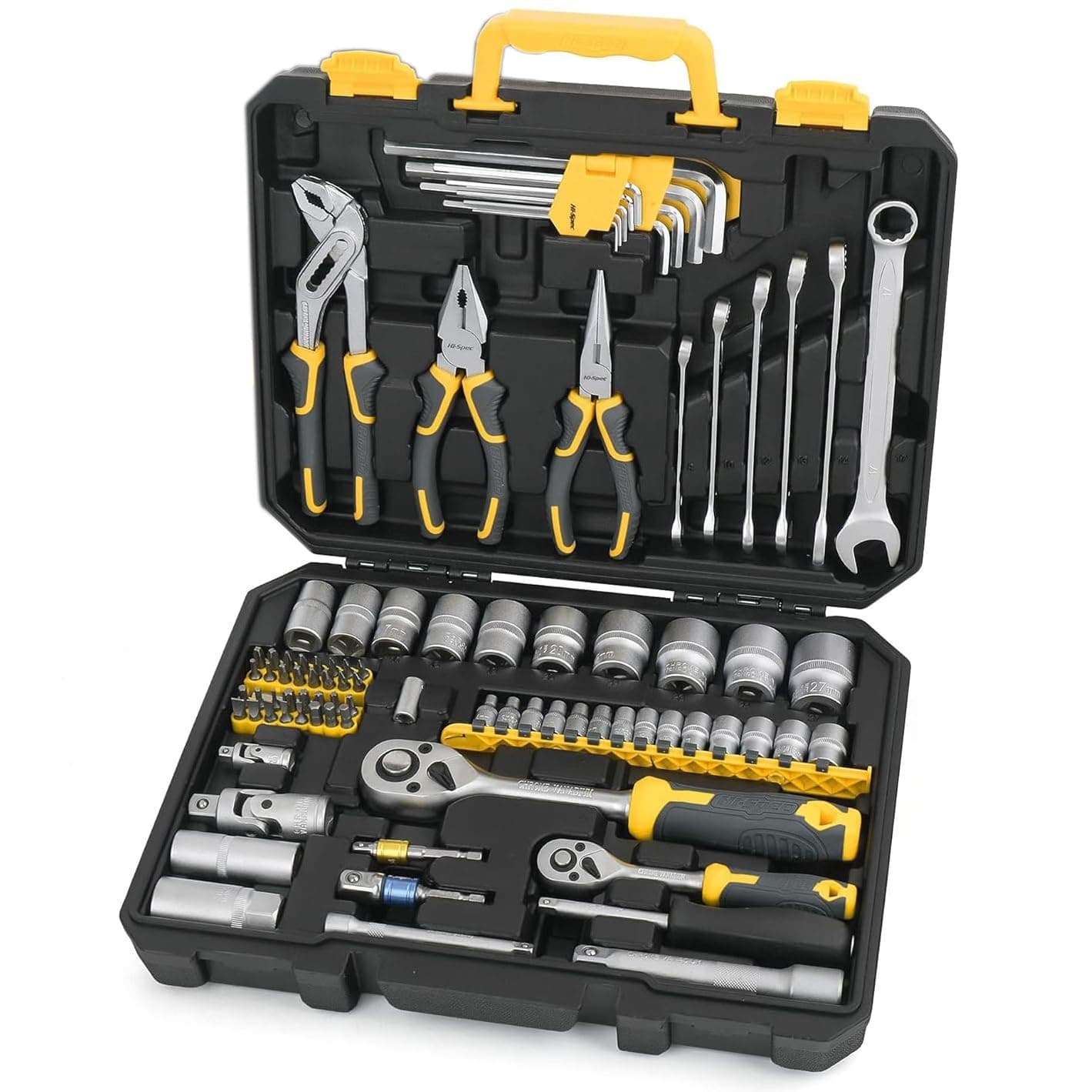 Hi-Spec 89 Pc Mechanic Tool Set with Motorcycle and Car Tools. Includes Hand Tool Kit, Screwdriver and Socket Set, Allen Key, Ratchet and Adjustable Wrench in a Plastic Storage Tool Box