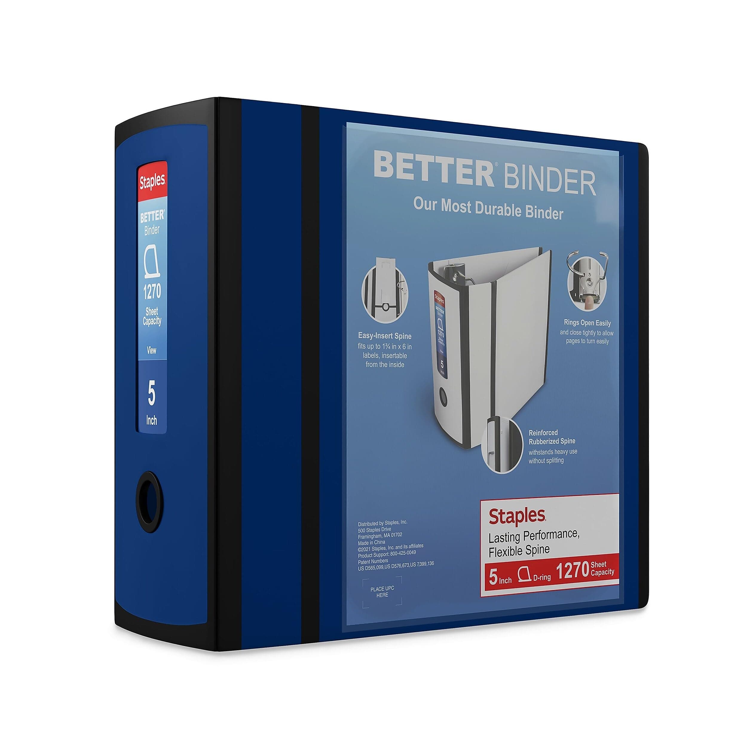Staples Better Binder, 5" D‑Ring Heavy‑Duty View Binder, Blue, Reinforced Spine, High‑Capacity 3‑Ring Binder, Holds up to 1,000 Sheets