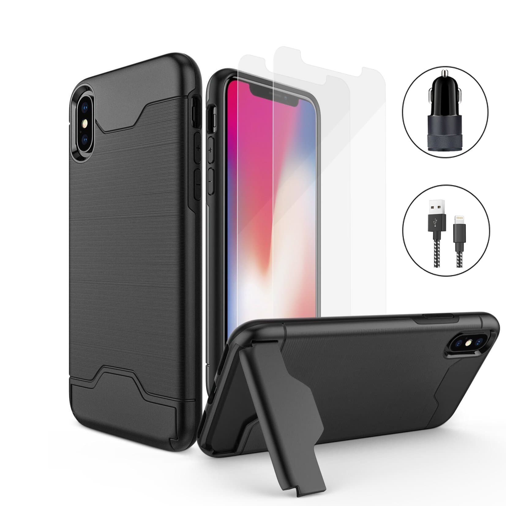 iPhone X Case, VeeDoo Kickstand Dual Layer Rugged Card Holder Hybrid Drop Protective Silicone Cover (Black) for iPhone 10 [Tempered Glass Screen Protector, 2.1A Lightning Cable & Car Charger]