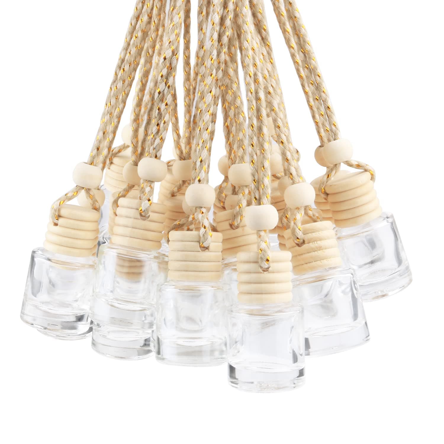 20 Pcs 8ml Hanging Car Air Freshener Diffuser,Empty Clear Glass Essential Diffuser Oil Aromatherapy Fragrance Perfume Pendant Glass Vials with Wooden Caps & Hanging String,Cylindrical