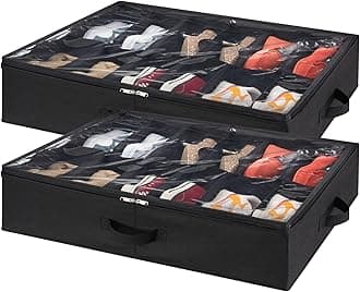 Under Bed Shoe Storage Organizer Set of 2, 4.3 Inches Tall Low Profile Fabric Shoes Container Box with Clear Cover, Foldable Storage Bag with 2 Handles, Total Fits 24 Pairs of Shoes, Black