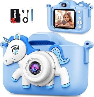 Kids Camera Toys for 3-12 Year Old Girls Boys Children Digital Video Camera for Toddlers 1080P Selfie Camera with Cartoon Soft Silicone Cover Blue