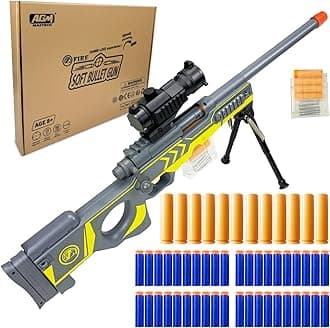AGM MASTECH AWM Shell-Throwing Blaster Shot Gun, 40 Official Darts, 4-Dart Clip, 2 Magazines, Removable Stock, Barrel Extension, Blaster Toys Playset for Boys, Kids, and Adults (Grey)