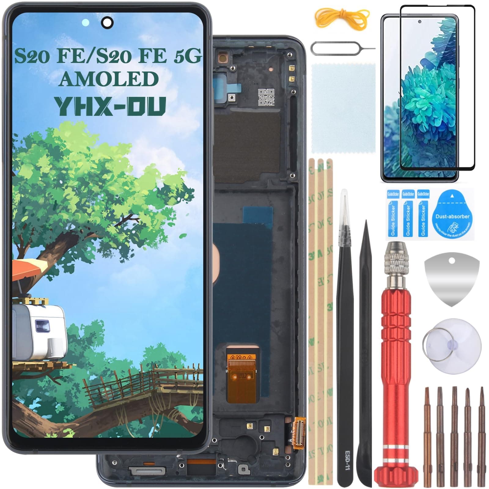 6.5'' Black AMOLED Complete Screen Kit with Frame for Samsung Galaxy S20 FE Galaxy S20 FE 5G LCD Screen Digitizer Touch Screen Replacement with Installation Tool