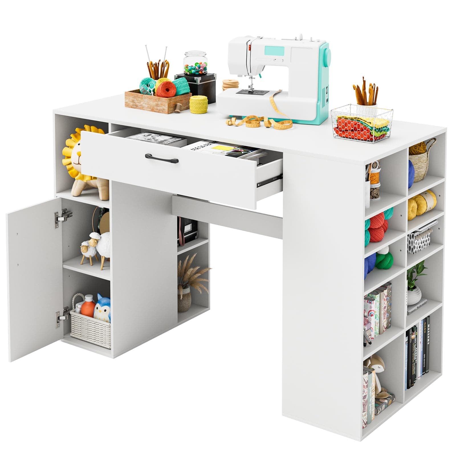 Giantex Craft Table with Storage, 53'' Artwork Sewing Table with 14 Cube Storage Shelves, Large Drawer, Cabinet with 2 Shelves, 36'' Counter Height Sewing Workstation White Drafting Writing Desk