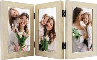 Frametory, 5x7 Trifold Picture Frame Hinged Photo Frames Three Folding Frame Desktop Glass Frame Vertical (Beige, 5x7 Triple)